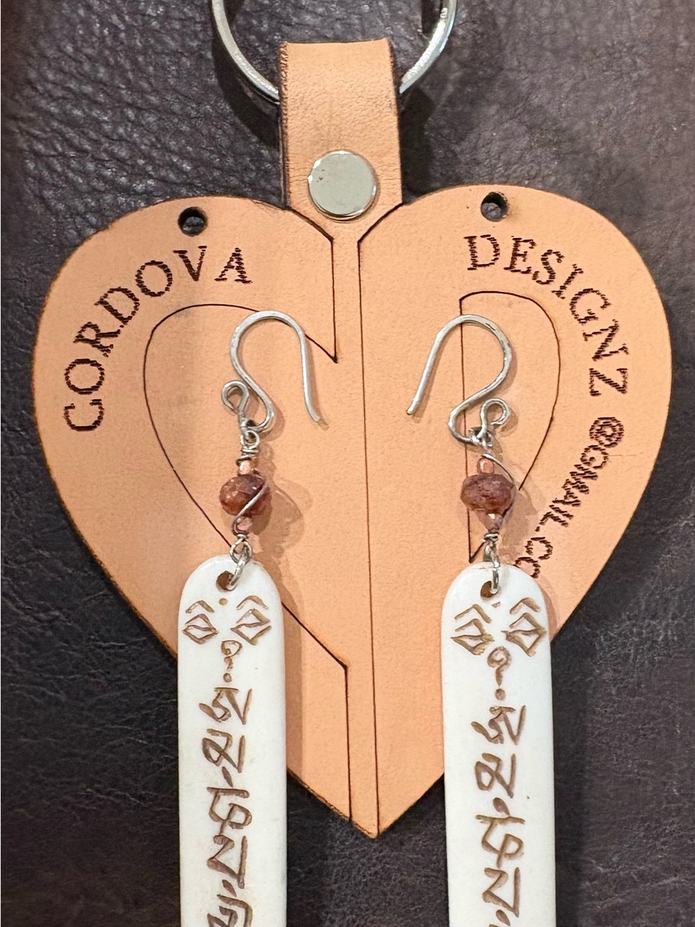 Handmade 925 sterling White Bone Tibetan Script Drop Earrings with Amber Beads - Picture 2 of 3